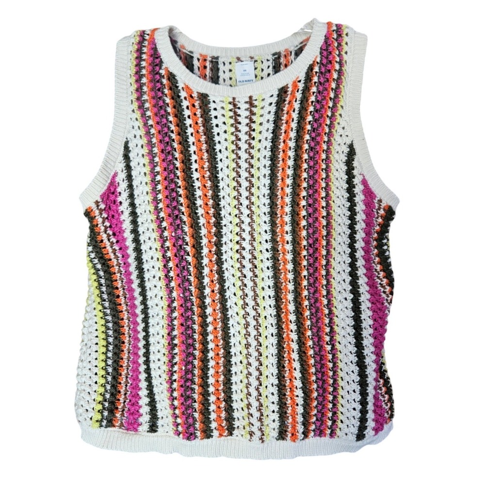 Old Navy Women XS Multi Color Striped Crochet Cotton Sweater Vest Sleeveless Top
